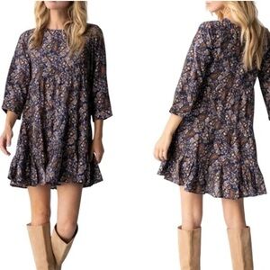 Natural Life Size Medium Blue Multicolor Floral Heidi Travel Tiered Mini Dress